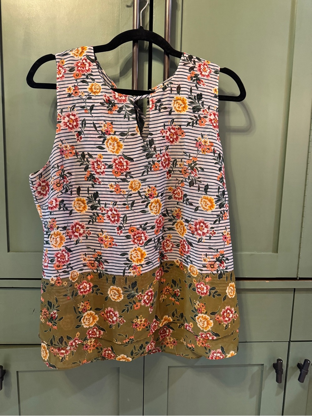CAbi Floral & Stripe Sleeveless Camisole in White, Yellow & Olive